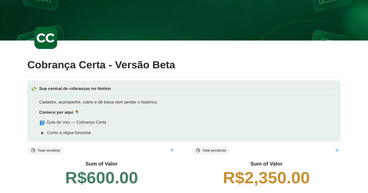Capa do template de Notion Cobrança Certa Beta